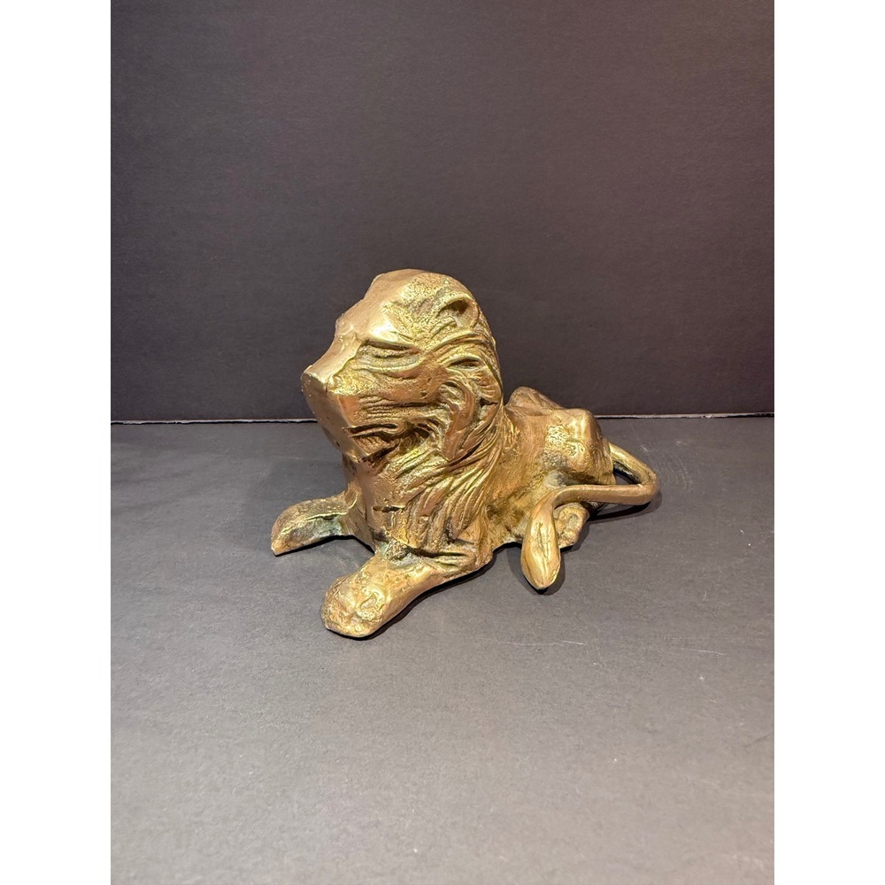 Vintage Solid Brass Reclining Lion Figurine Heavy Cast Metal Animal Sculpture